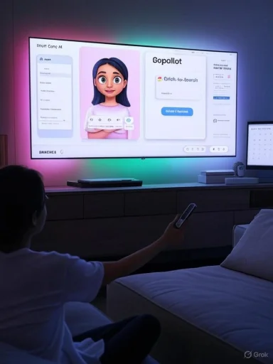 Person on a couch watching a large TV with colorful ambient backlighting.