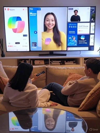 A couple on a sofa watches a large TV showing app screenshots and a smiling presenter, one holding a remote.
