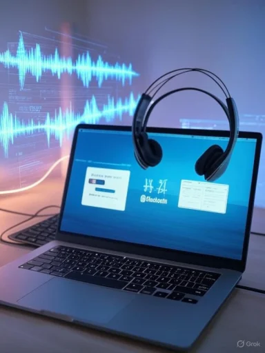 Laptop with over-ear headphones resting on the screen, surrounded by blue audio waveform visuals.