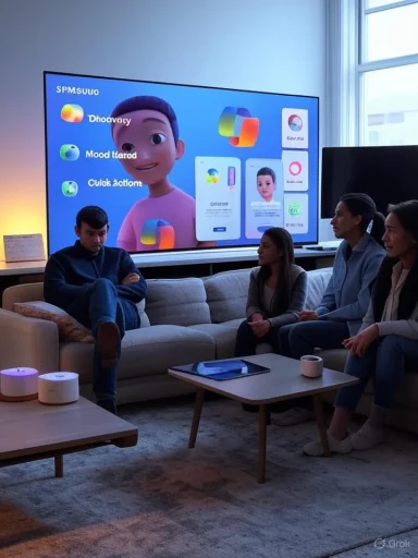 Four people sit on a sofa, watching a large screen showing a 3D character and app previews.