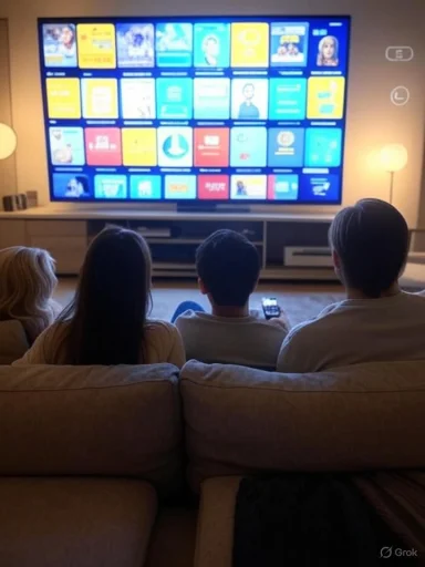 Four people sit on a couch watching a large TV displaying a colorful streaming app grid.