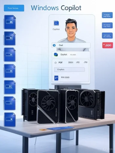 Windows Copilot concept UI above a row of Nvidia GPUs on a desk.
