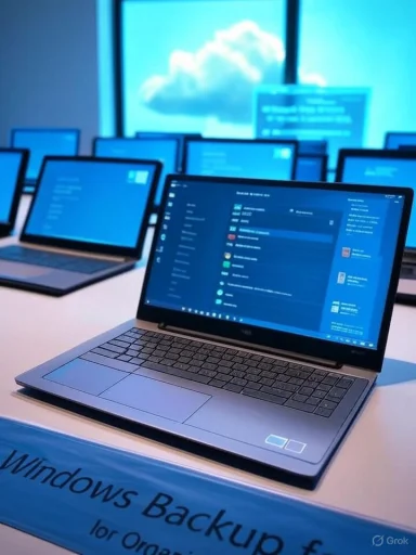 Row of laptops on display, showing Windows Backup in a blue-lit showroom.