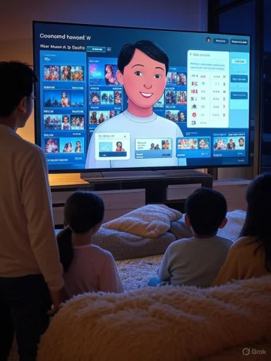 A family sits on a plush rug watching a large TV featuring a friendly cartoon avatar and movie thumbnails.