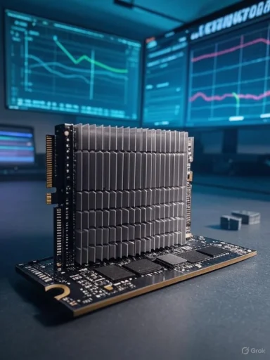A PCIe expansion card with a tall heatsink on a test bench, monitors showing graphs in the background.