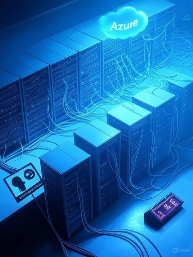 Blue-tinted data center with an Azure cloud logo above rows of server racks and tangled cabling.