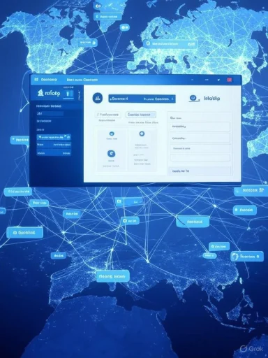 Blue world map network visualization with a floating software dashboard overlay.
