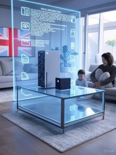 A futuristic holographic interface glows over a glass coffee table in a living room.