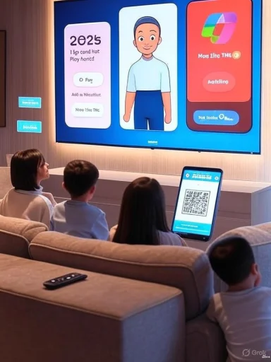 People sit on a couch watching a large screen displaying a digital avatar and app screens.