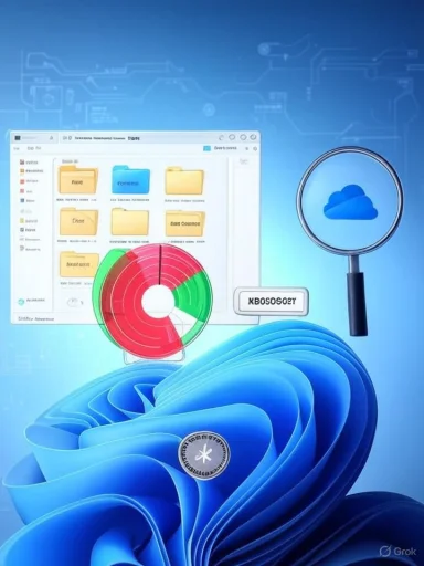 Futuristic cloud storage and analytics visualization with folders, a pie chart, and a magnifier on a blue backdrop.
