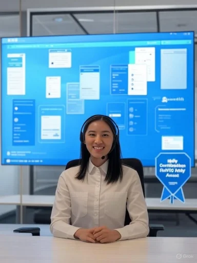 A woman wearing a headset sits at a desk in front of a large blue screen displaying app design layouts.