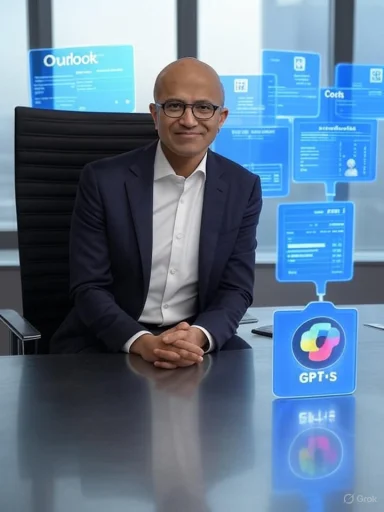A suited man sits at a conference table in a modern office, surrounded by blue holographic data displays.