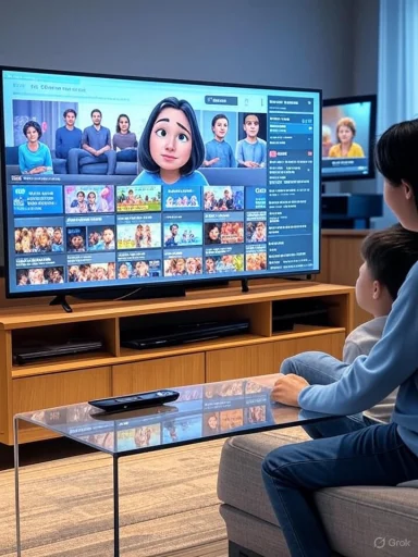 Two people on a couch watch a streaming app on a large TV, featuring a 3D avatar on screen.