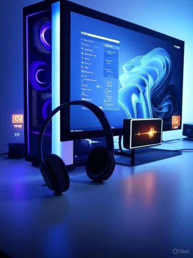 Blue-lit desktop setup featuring a large monitor, neon PC, headphones, and a waveform display.