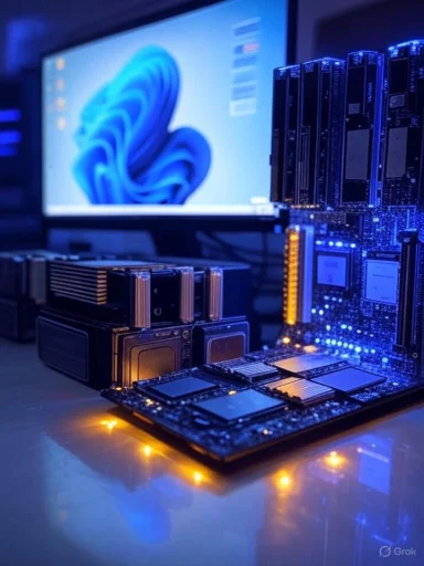 Close-up of a computer motherboard with RAM modules and PCIe cards, lit by blue LEDs.