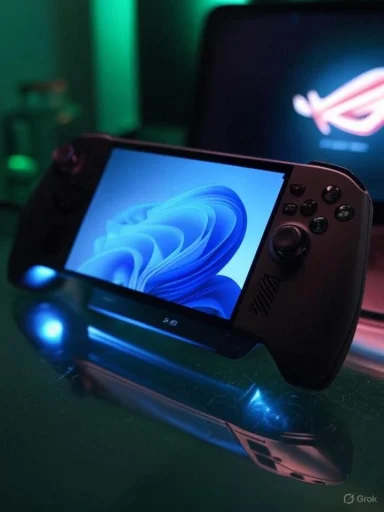 A portable handheld gaming console rests on a reflective surface under blue-green LED lighting.