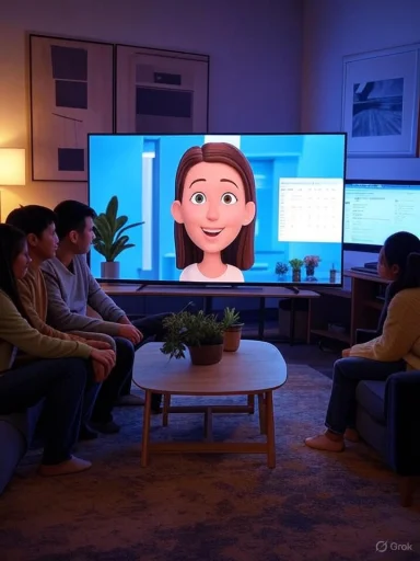 A group watches a large screen TV displaying a cheerful cartoon girl in a cozy living room.