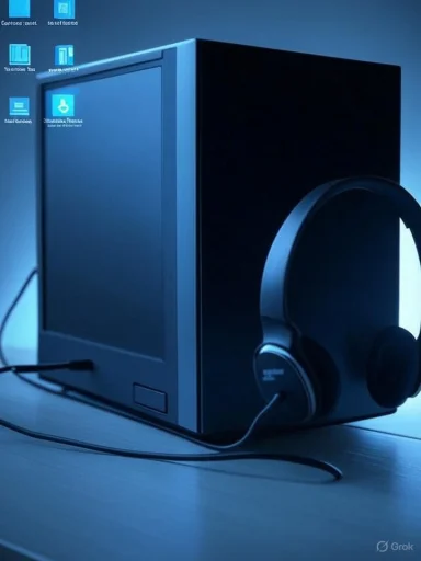 A blue-lit desktop computer tower with large headphones resting beside it.