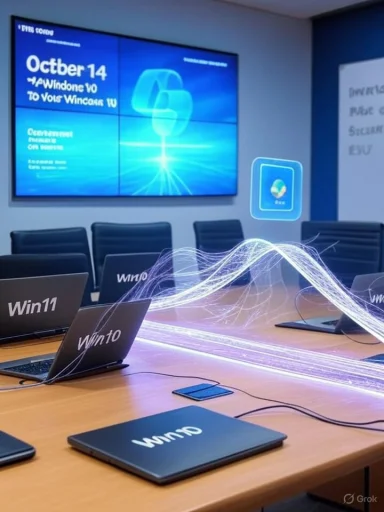 A conference room with Windows laptops around a table, a large wall screen, and glowing data streams.