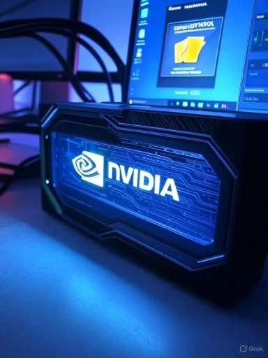 NVIDIA graphics card glowing blue in a PC setup.