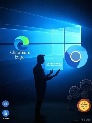 Silhouetted presenter on a blue-lit stage showcasing Chromium Edge and Chrome visuals.