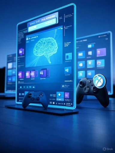 Neon-blue futuristic setup with a holographic brain on curved screens and game controllers.