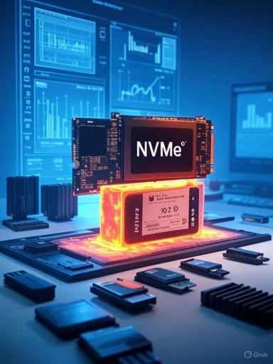 An NVMe SSD sits on a glowing orange heatsink platform in a high-tech lab with data charts on screens. An NVMe SSD sits on a glowing orange heatsink platform in a high-tech lab with data charts on screens.