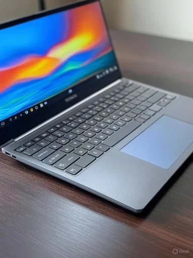Modern gray laptop on a wooden desk, screen showing a vibrant, abstract wallpaper.