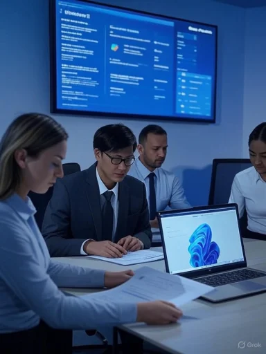 Business team in a conference room reviews documents as a laptop displays a blue screen.