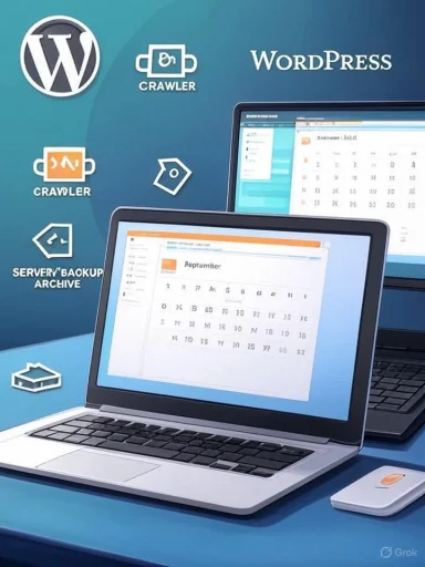 WordPress promo featuring laptops with calendar apps and crawler icons.
