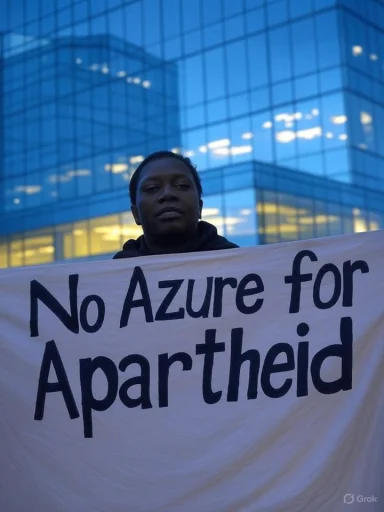 A protester holds a banner reading 'No Azure for Apartheid' in front of a glass office building.