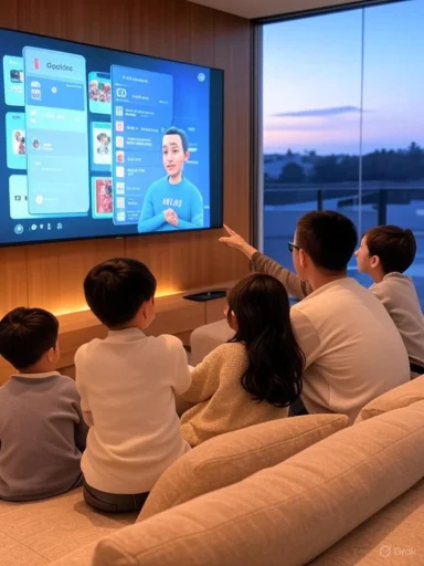 A family gathered around a large screen displaying a blue app interface with a 3D presenter.