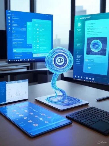 Futuristic workstation with multiple blue screens and a glowing blue holographic orb hovering above a base.