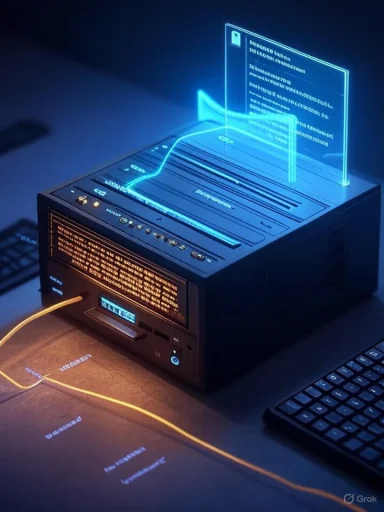 A vintage computer projects glowing blue holographic screens above it.