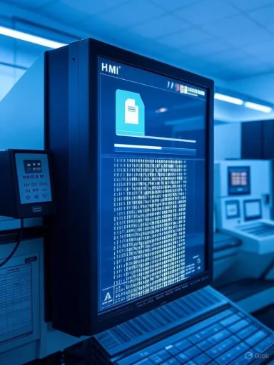 Blue-lit lab with a large HMI screen showing a document icon and a data progress bar.