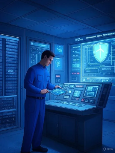 A technician in a blue uniform operates a holographic control panel in a blue, futuristic command room.