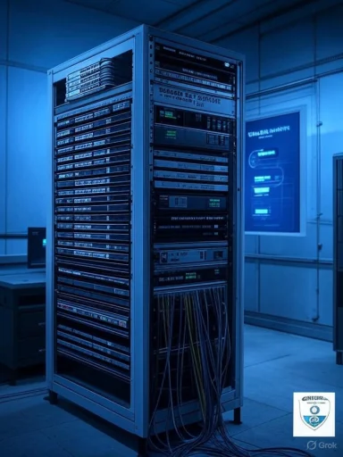A server rack in a blue-lit data center, stacked with multiple units and tangled cables.