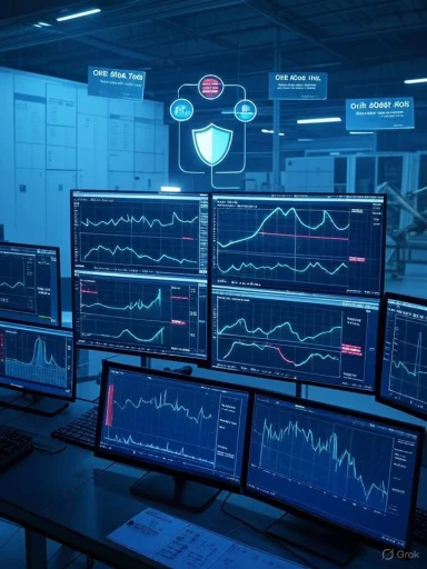 Blue security operations room with multiple screens displaying graphs and a shield icon.