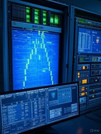 A high-tech data center with blue schematic screens and green-lit server racks.