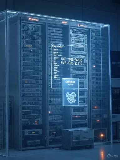 Futuristic data center with glass-enclosed server racks and glowing holographic displays.