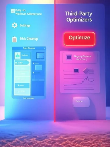 Neon-lit split display contrasting built-in settings on the left with a bright 'Optimize' button for third‑party optimizers on the right.