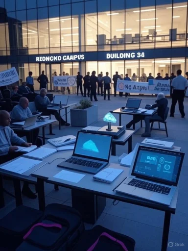 Group of people with banners observe laptops on outdoor tables at a tech demo in front of a glass building.