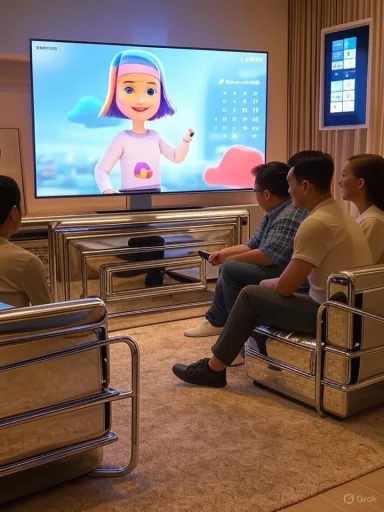 People sit in a modern lounge watching a large cartoon on a big screen.