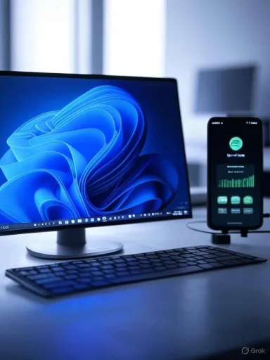Modern desk setup with a curved monitor, wireless keyboard, and a phone displaying Spotify.