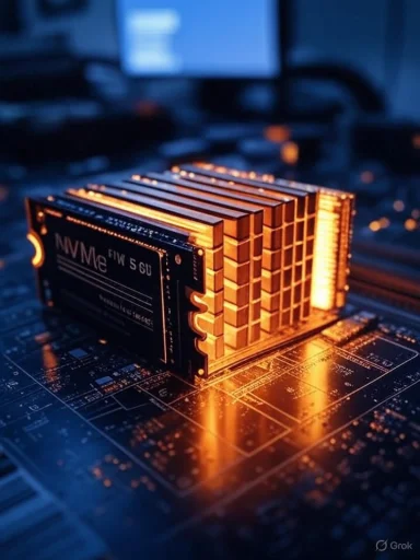 A finned golden NVMe SSD heatsink on a motherboard, glowing orange in a blue-lit setup.