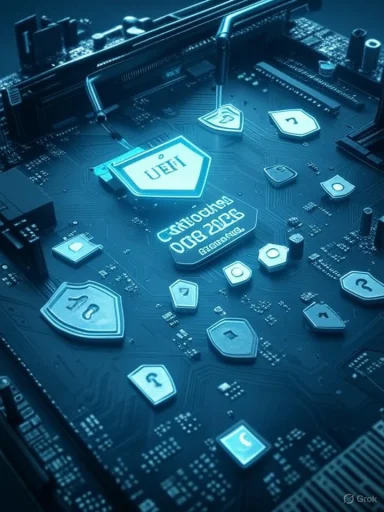 Blue-tinted motherboard with shield icons labeled UEFI, symbolizing hardware security.