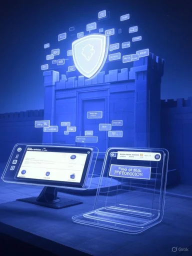 A blue-lit security exhibit with a shield emblem and floating data panels above interactive kiosks.