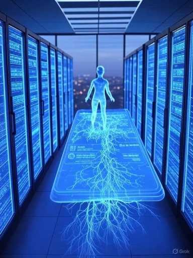 A blue holographic human stands on a glass table displaying a neural network, in a row of server racks.