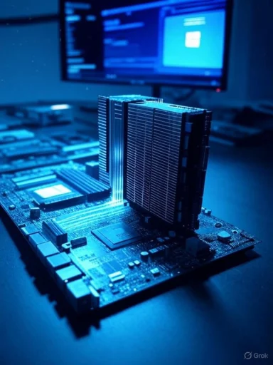 A motherboard with a tall CPU cooler illuminated by blue lighting.