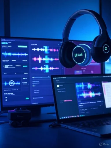 Neon-lit editing setup with headphones and multiple waveform screens.
